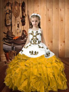 Floor Length Gold Little Girls Pageant Dress Organza Sleeveless Embroidery and Ruffles