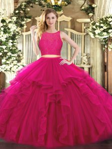 Sophisticated Tulle Scoop Sleeveless Zipper Ruffles Quinceanera Gown in Fuchsia