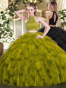 Chic Olive Green Sweet 16 Dress Military Ball and Sweet 16 and Quinceanera with Beading and Ruffles Halter Top Sleeveless Backless