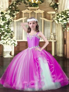 Tulle Straps Sleeveless Lace Up Beading Pageant Gowns For Girls in Fuchsia