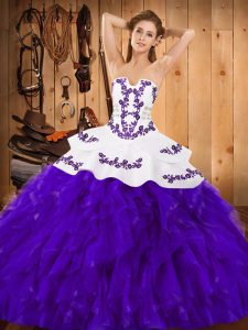 White And Purple Ball Gowns Embroidery and Ruffles Quinceanera Dress Lace Up Satin and Organza Sleeveless Floor Length