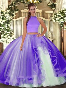 Sophisticated Tulle Halter Top Sleeveless Backless Beading and Ruffles Quinceanera Gown in Lavender