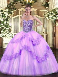 High Class Lavender Lace Up Ball Gown Prom Dress Beading and Appliques Sleeveless Floor Length