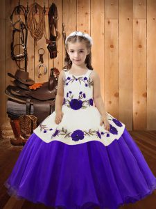 Purple Ball Gowns Embroidery Little Girls Pageant Gowns Lace Up Organza Sleeveless Floor Length