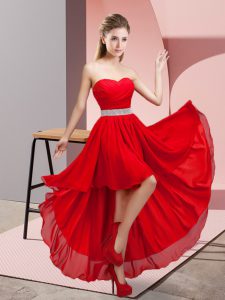 Stunning Sleeveless High Low Beading Lace Up Damas Dress with Red