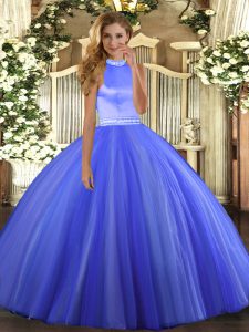 Ball Gowns Quinceanera Gowns Blue Halter Top Tulle Sleeveless Floor Length Backless