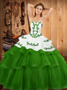 High End Sweep Train Ball Gowns 15th Birthday Dress Green Strapless Tulle Sleeveless Lace Up