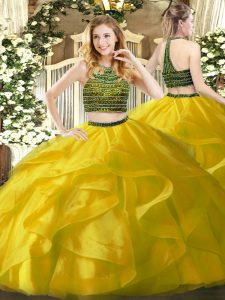 Sophisticated Yellow Organza Zipper Halter Top Sleeveless Floor Length Quinceanera Gowns Beading and Ruffles