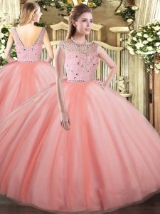 Peach Ball Gowns Beading Quinceanera Dress Zipper Tulle Sleeveless Floor Length
