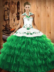 Exceptional Green Long Sleeves Satin and Organza Lace Up Vestidos de Quinceanera for Military Ball and Sweet 16 and Quinceanera