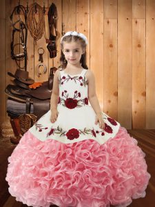 Beautiful Pink Straps Neckline Embroidery and Ruffles Winning Pageant Gowns Sleeveless Lace Up