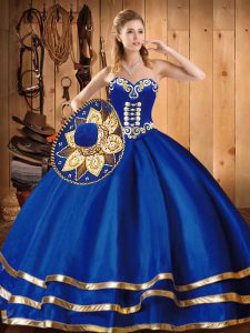Sleeveless Satin and Tulle Floor Length Lace Up Quinceanera Gown in Blue with Embroidery