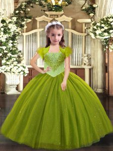 Hot Selling Olive Green Ball Gowns Tulle Straps Sleeveless Beading Floor Length Lace Up Pageant Gowns For Girls