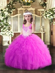 Charming Fuchsia Tulle Lace Up Straps Sleeveless Floor Length Kids Formal Wear Beading and Ruffles