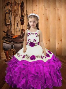 Charming Fuchsia Organza Lace Up Straps Sleeveless Floor Length Kids Formal Wear Embroidery and Ruffles and Hand Made Flower