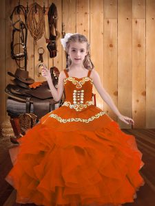 Orange Red Ball Gowns Organza Straps Sleeveless Embroidery and Ruffles Floor Length Lace Up Kids Formal Wear