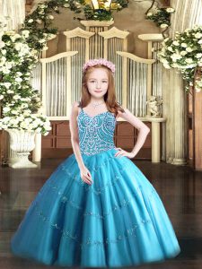 Baby Blue Lace Up Straps Beading Little Girls Pageant Dress Tulle Sleeveless