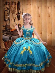 Baby Blue Off The Shoulder Neckline Beading and Embroidery Little Girls Pageant Dress Wholesale Sleeveless Lace Up