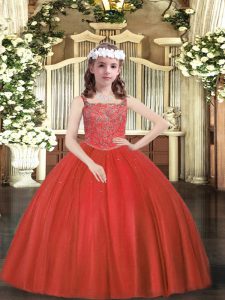 Elegant Red Zipper Straps Beading Little Girls Pageant Dress Tulle Sleeveless