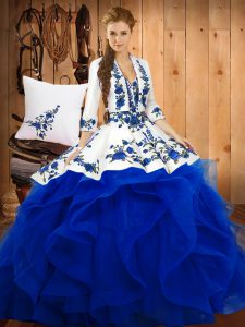 Free and Easy Blue Ball Gowns Sweetheart Sleeveless Satin and Organza Floor Length Lace Up Embroidery Quinceanera Gown