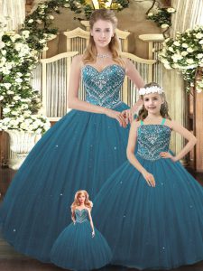 Shining Sleeveless Tulle Floor Length Lace Up Quinceanera Gowns in Teal with Beading