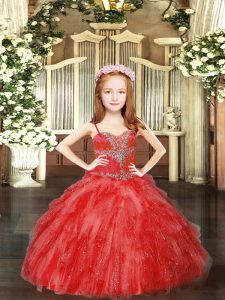 Floor Length Red Child Pageant Dress Spaghetti Straps Sleeveless Lace Up