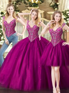 Free and Easy Floor Length Fuchsia Quinceanera Gowns Tulle Sleeveless Beading