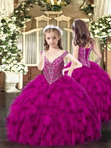 Fuchsia Ball Gowns V-neck Sleeveless Organza Floor Length Lace Up Beading and Ruffles Kids Pageant Dress