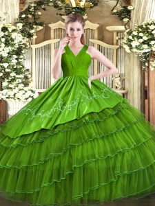 Latest Olive Green Ball Gown Prom Dress Military Ball and Sweet 16 and Quinceanera with Embroidery and Ruffled Layers V-neck Sleeveless Zipper
