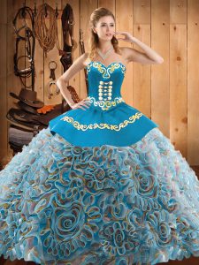 Customized Satin and Fabric With Rolling Flowers Sleeveless With Train Quinceanera Gown Sweep Train and Embroidery