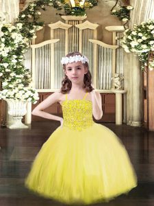 Luxurious Yellow Ball Gowns Beading Pageant Dress Toddler Lace Up Tulle Sleeveless Floor Length