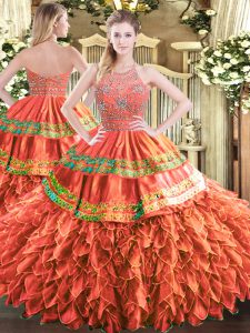 Popular Rust Red Ball Gowns Beading and Ruffles and Sequins Ball Gown Prom Dress Zipper Tulle Sleeveless Floor Length