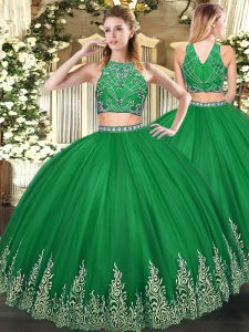 Delicate Dark Green Quinceanera Dress Military Ball and Sweet 16 and Quinceanera with Beading and Ruffles High-neck Sleeveless Zipper