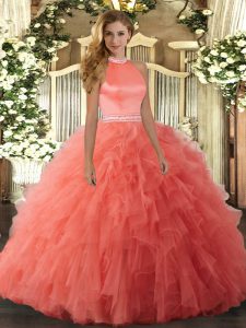Super Orange Red Halter Top Neckline Beading and Ruffles Ball Gown Prom Dress Sleeveless Backless
