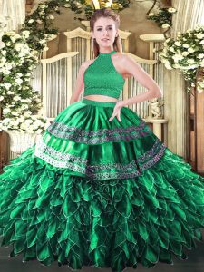 Delicate Dark Green Backless Halter Top Beading and Embroidery and Ruffles 15 Quinceanera Dress Satin and Organza Sleeveless