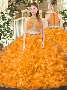 Orange Red 15th Birthday Dress Military Ball and Sweet 16 and Quinceanera with Beading and Ruffles Scoop Sleeveless Zipper