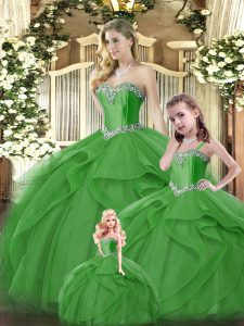 Cute Sleeveless Organza Floor Length Lace Up Ball Gown Prom Dress in Green with Ruffles