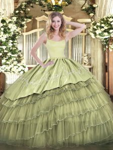 Lovely Organza Sleeveless Floor Length 15th Birthday Dress and Embroidery and Ruffled Layers