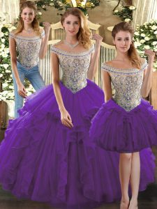 Fabulous Sleeveless Organza Floor Length Lace Up 15 Quinceanera Dress in Purple with Beading and Ruffles