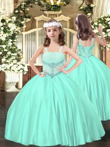Fashionable Sleeveless Satin Floor Length Lace Up Little Girls Pageant Dress Wholesale in Apple Green with Beading