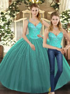 Suitable Floor Length Lace Up 15 Quinceanera Dress Turquoise for Military Ball and Sweet 16 and Quinceanera with Beading
