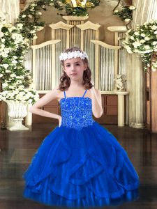 Blue Ball Gowns Beading and Ruffles Pageant Dress Womens Lace Up Tulle Sleeveless Floor Length