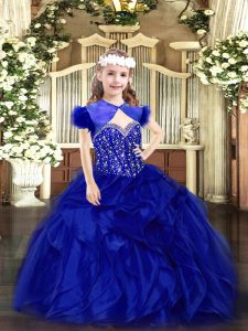 Royal Blue Ball Gowns Organza Straps Sleeveless Beading and Ruffles Floor Length Lace Up Kids Formal Wear