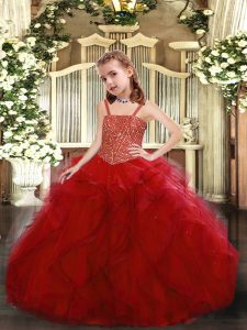 Perfect Red Straps Lace Up Beading and Ruffles Pageant Gowns For Girls Sleeveless