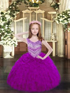 Customized Beading and Ruffles Little Girl Pageant Gowns Fuchsia Lace Up Sleeveless Floor Length