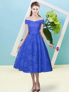 Deluxe Bowknot Quinceanera Court of Honor Dress Blue Lace Up Cap Sleeves Tea Length