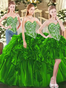 Dark Green Ball Gowns Tulle Sweetheart Sleeveless Beading and Ruffles Floor Length Lace Up Quince Ball Gowns