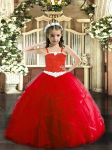 Fashionable Red Sleeveless Tulle Lace Up High School Pageant Dress for Party and Quinceanera