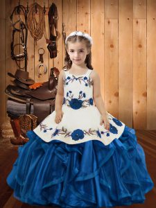 Hot Selling Straps Sleeveless Pageant Dress Wholesale Floor Length Embroidery and Ruffles Blue Organza