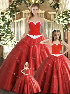 Shining Red Tulle Lace Up Sweet 16 Dresses Sleeveless Floor Length Beading